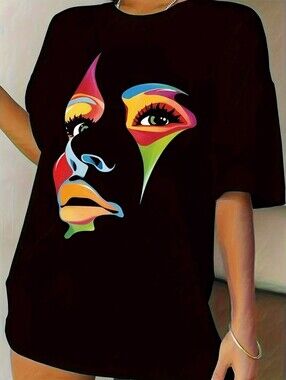 Black Graphic Tee with Colorful Abstract Face, Size XL, NWOT